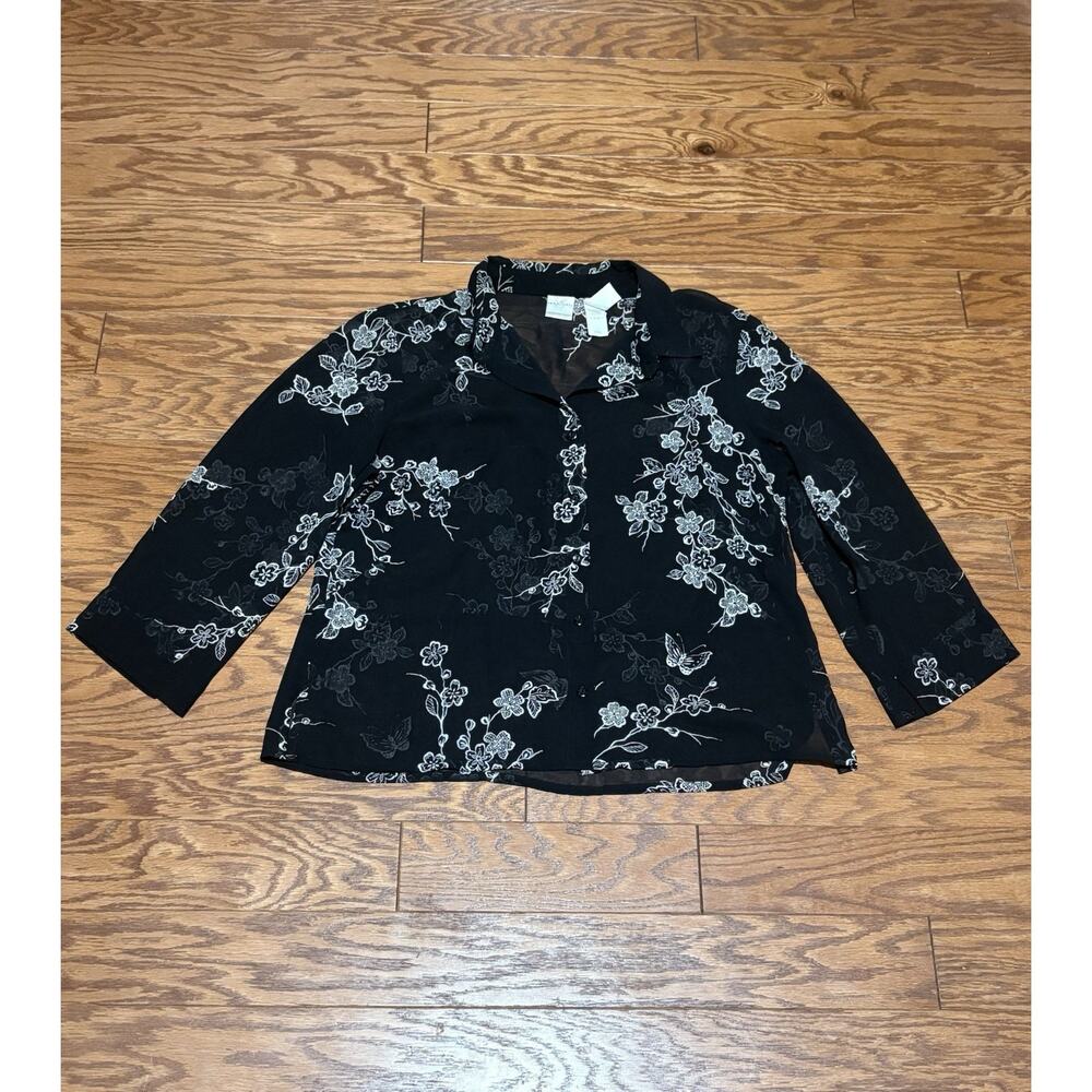 Emma James Women's Black Floral Long Sleeve Chiffon Button Up Blouse Top, Sz 14